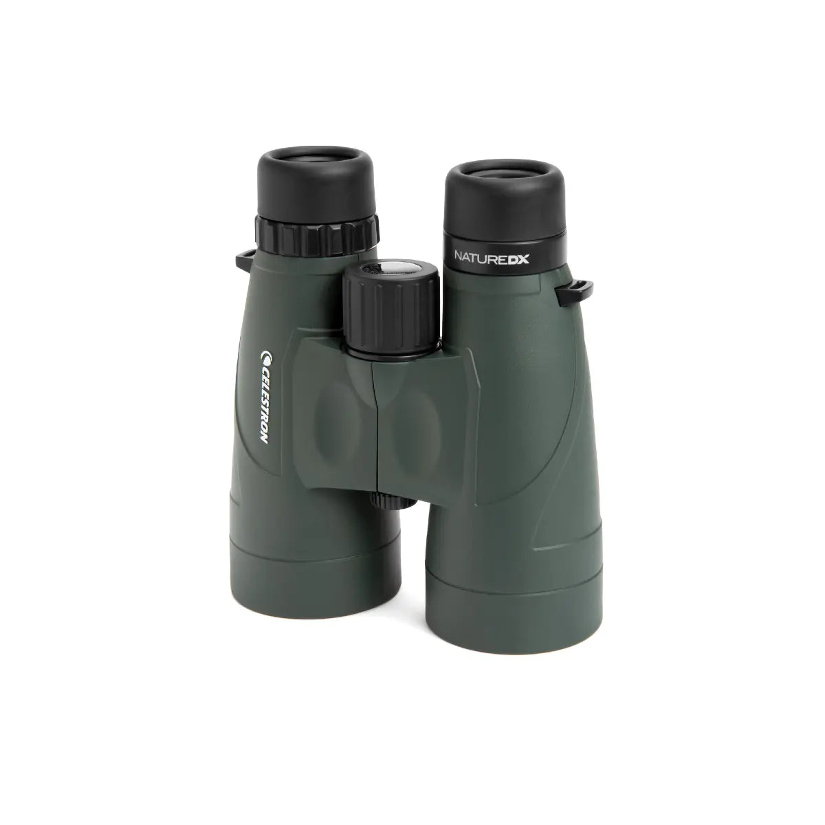 Green binoculars with black accents on a white background