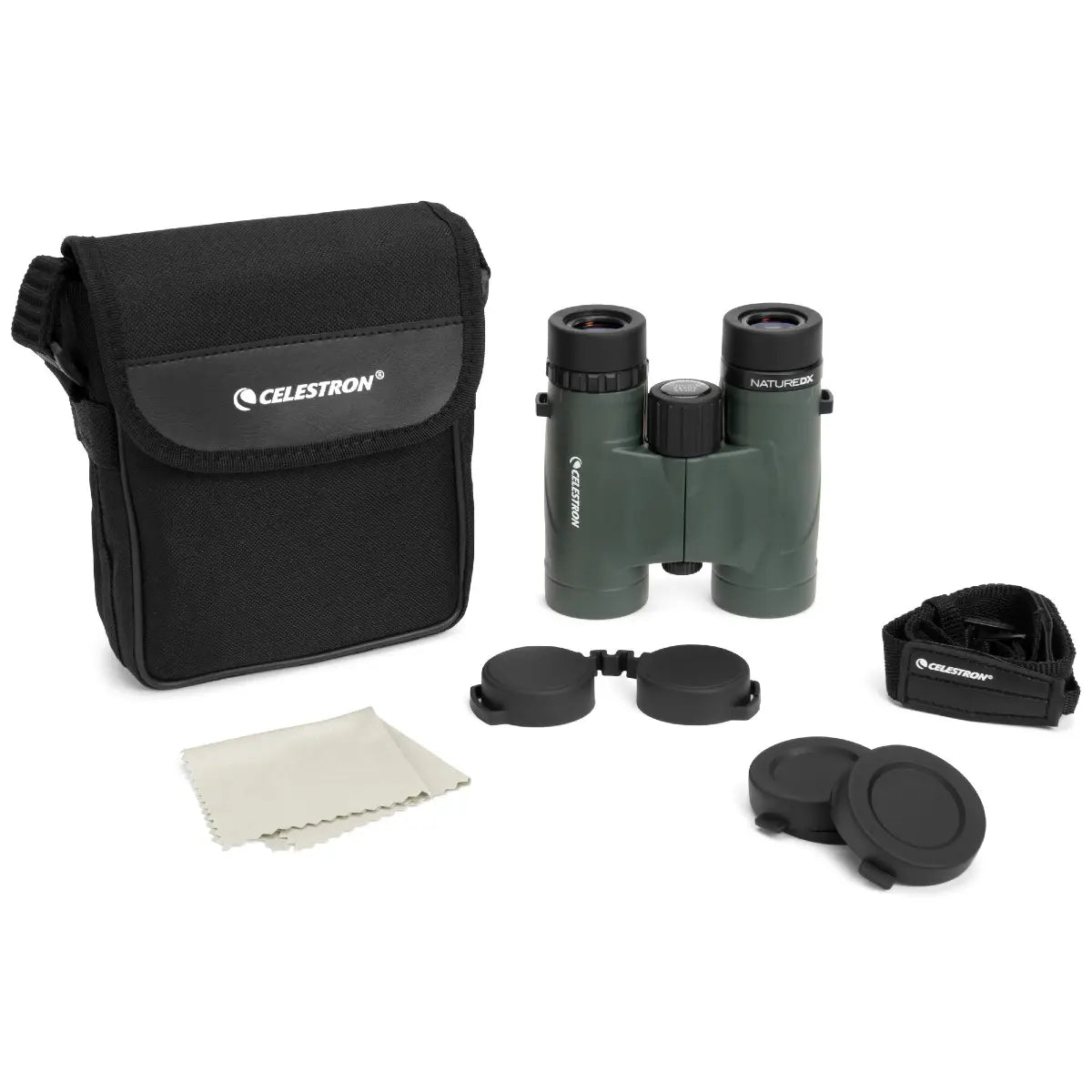 Celestron binoculars with carrying case and cleaning cloth on a white background