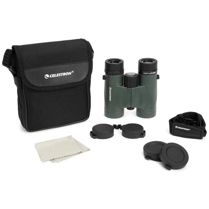 Celestron binoculars with carrying case and cleaning cloth on a white background