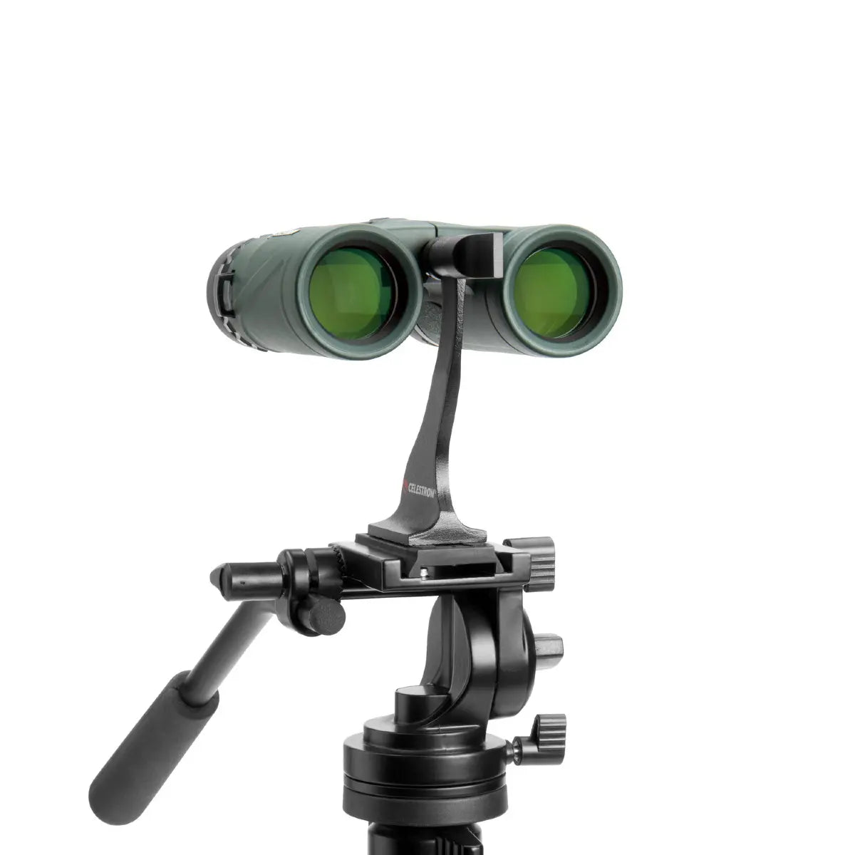Binoculars mounted on a tripod with a white background