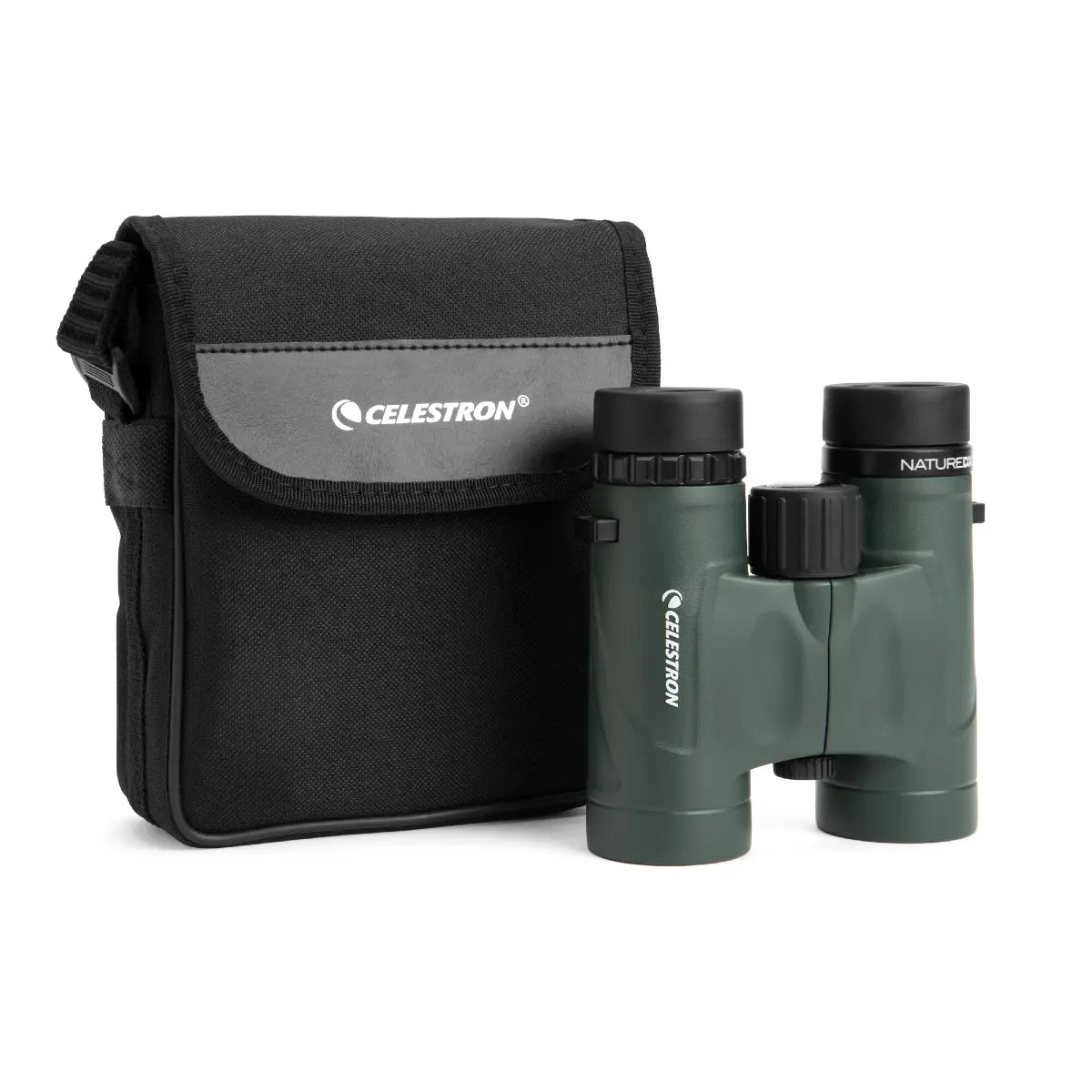 Celestron binoculars with carrying case on a white background