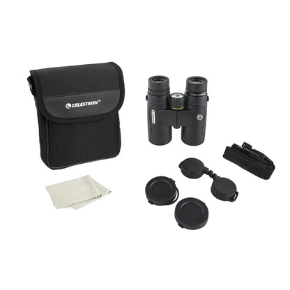 Binoculars with accessories and Celestron case on a white background
