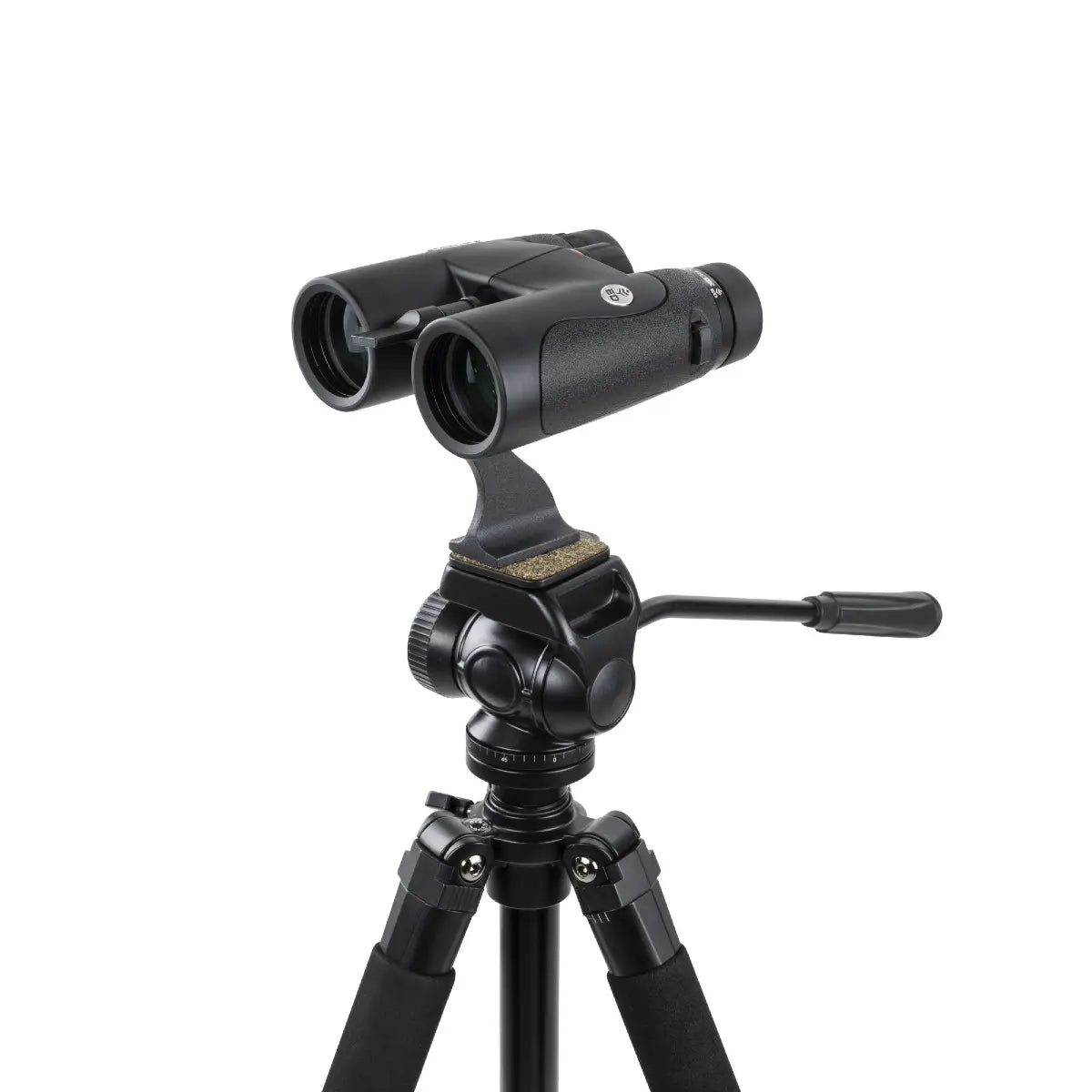 Black binoculars on a tripod with a white background