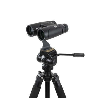Black binoculars on a tripod with a white background