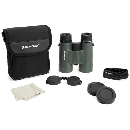 Celestron binoculars with accessories on a white background