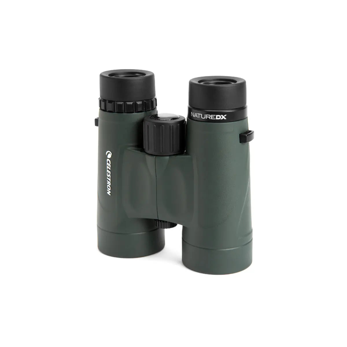 Green binoculars with black accents on a white background