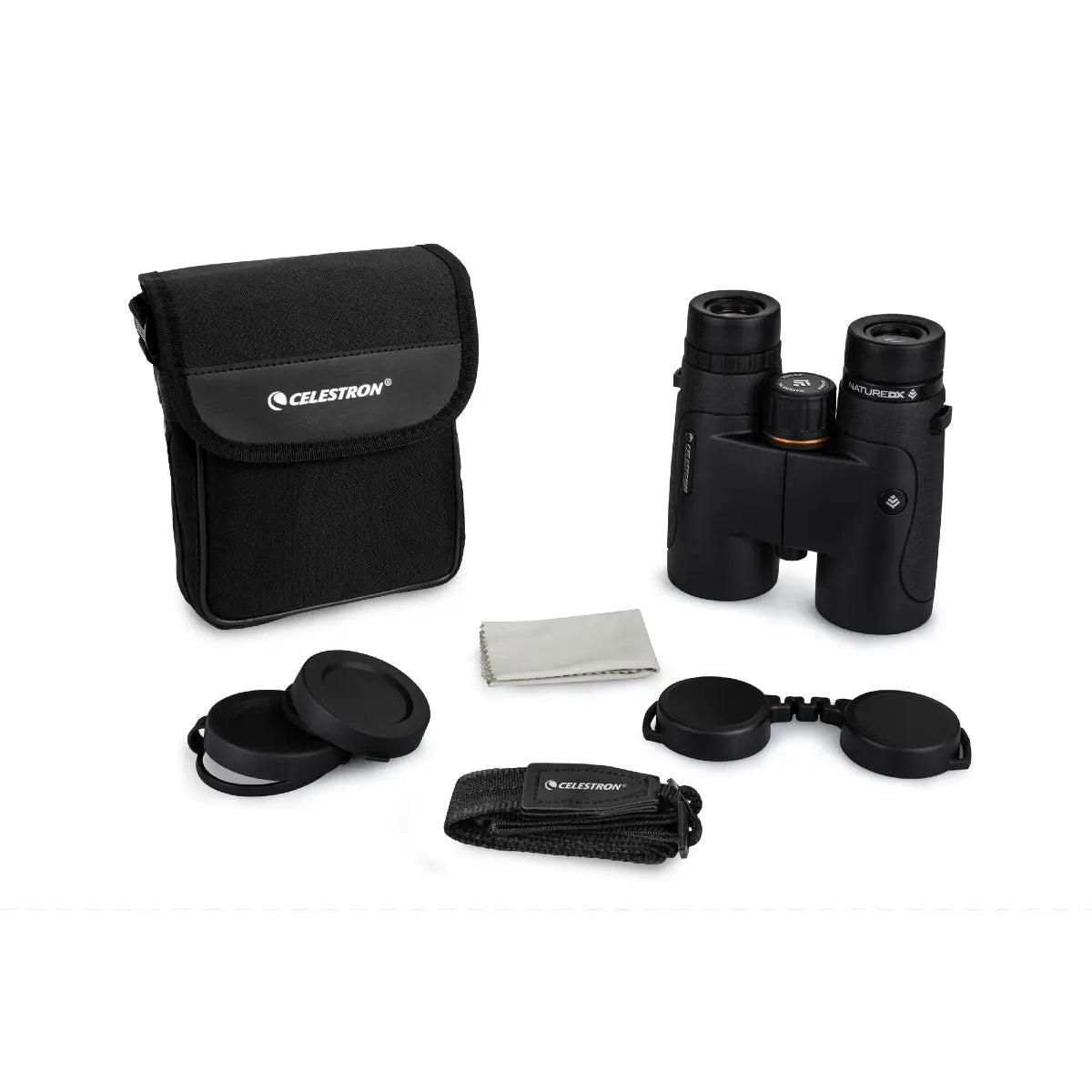 Celestron binoculars with accessories on a white background