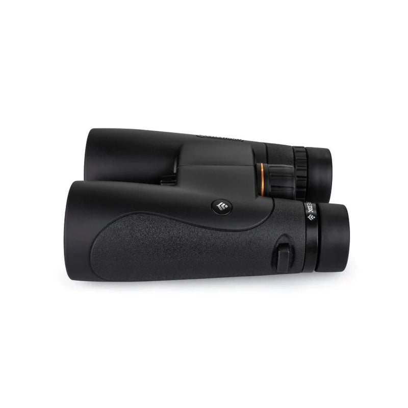 Black binoculars with a brand logo on a white background