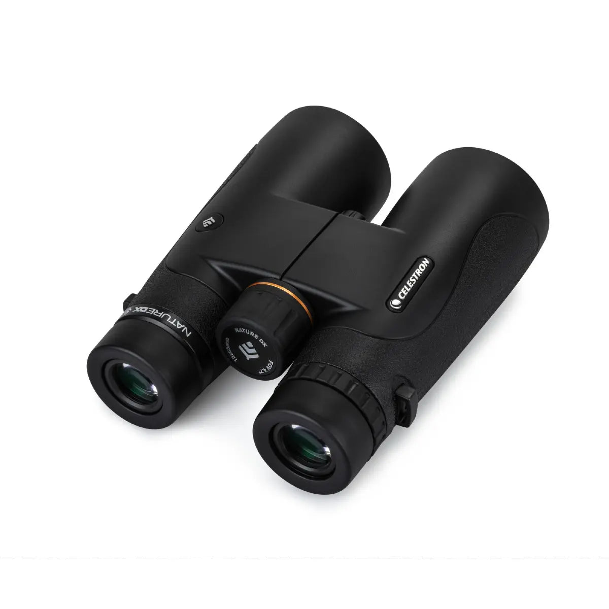 Black binoculars with a brand logo on a white background