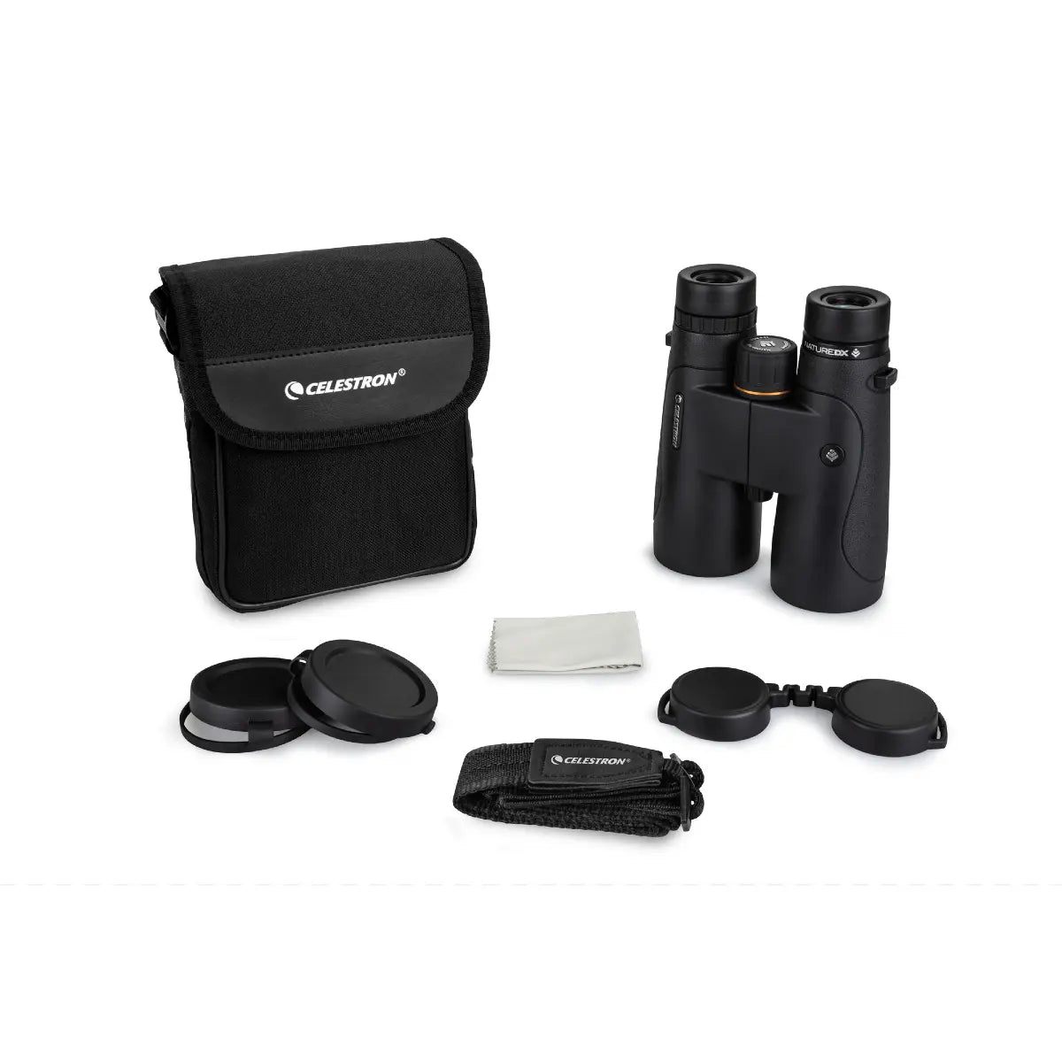 Celestron binoculars with accessories on a white background