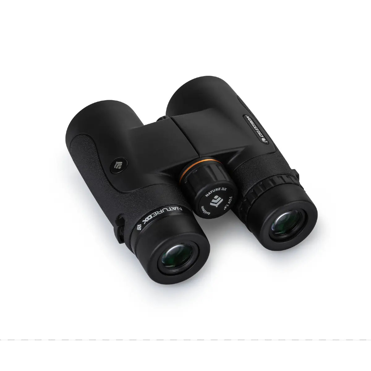 Black binoculars with a brand logo on a white background
