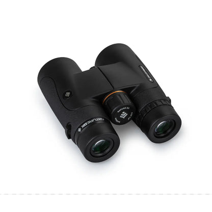 Black binoculars with a brand logo on a white background
