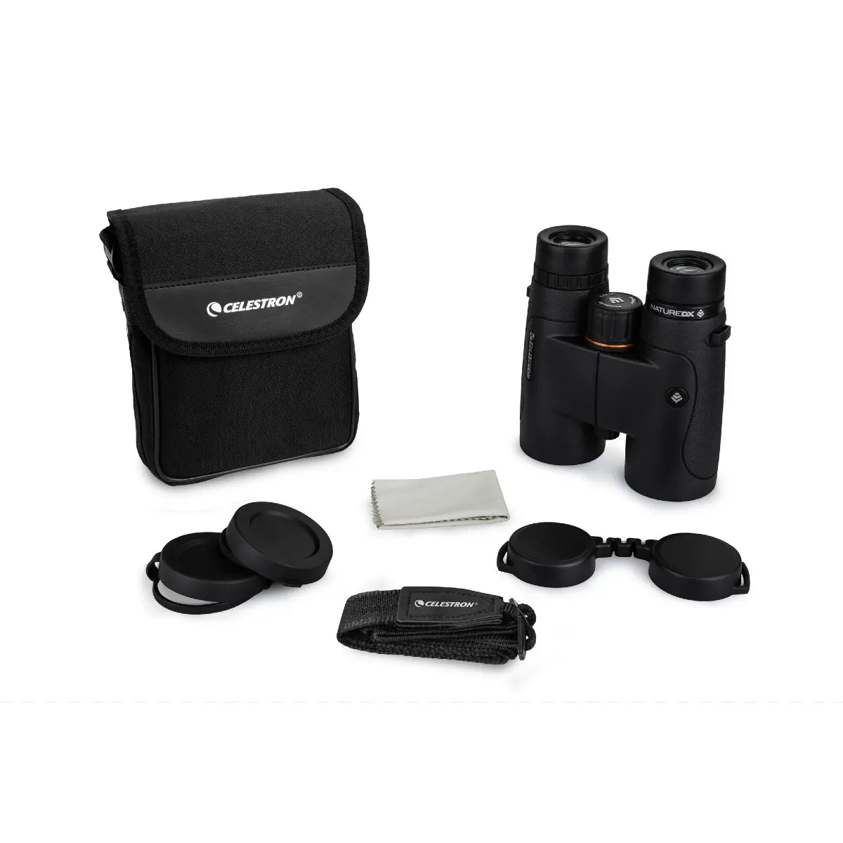 Celestron binoculars with carrying case and accessories on a white background