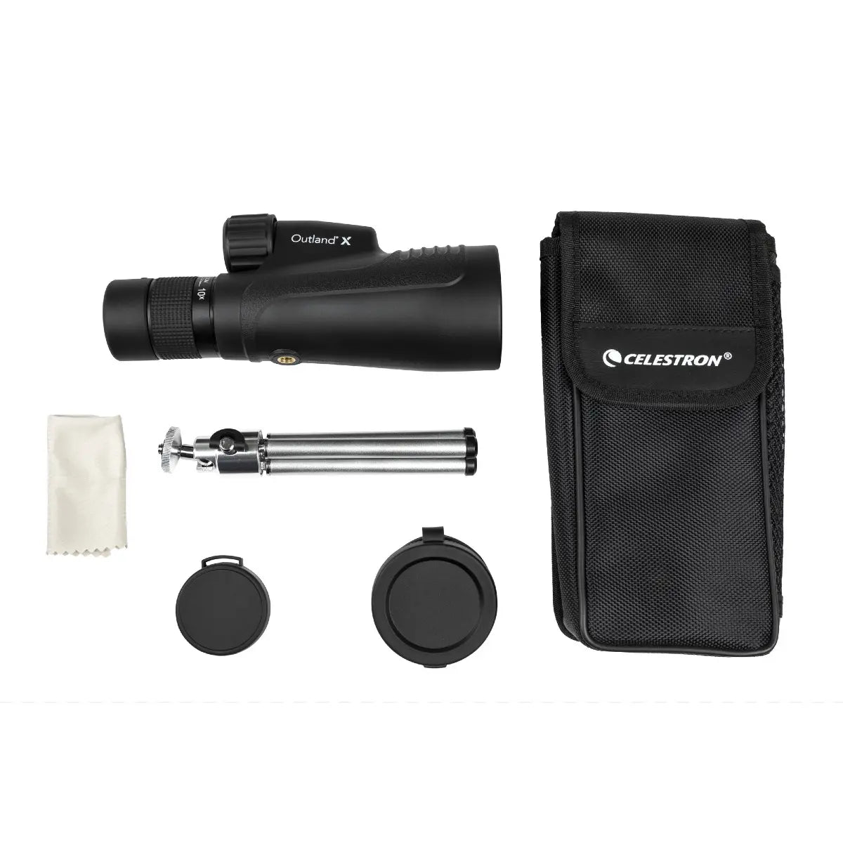 Celestron monocular with accessories on a white background