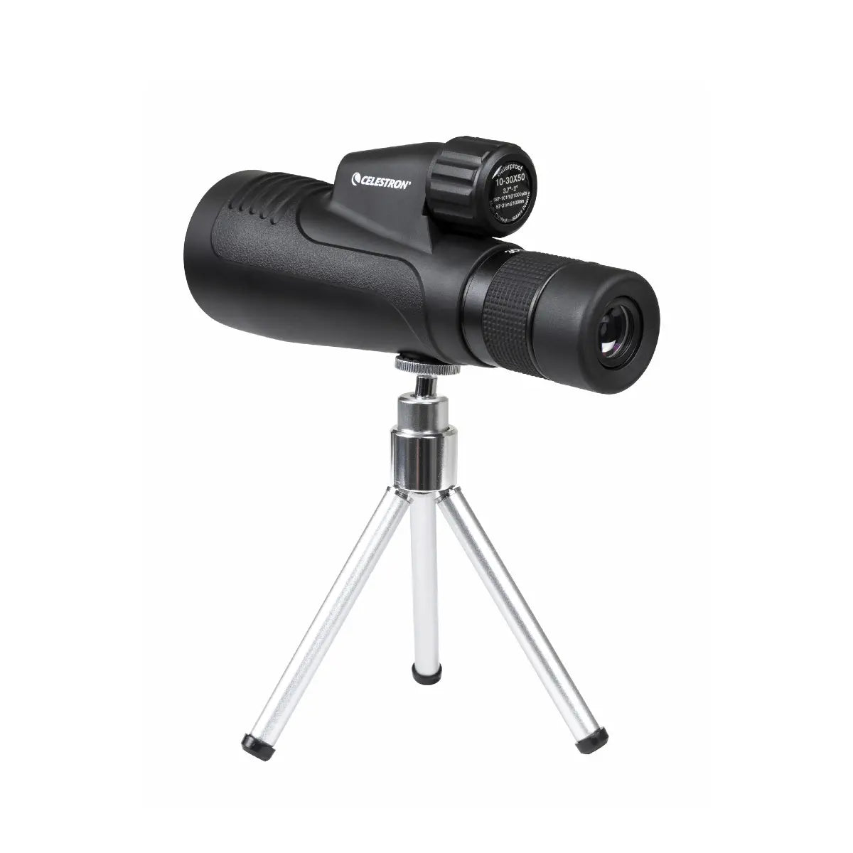 Black monocular with a tripod on a white background