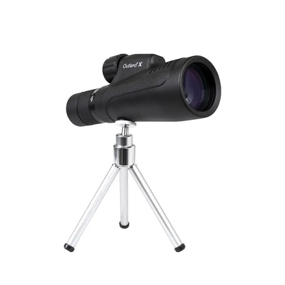 Black binoculars with a tripod on a white background