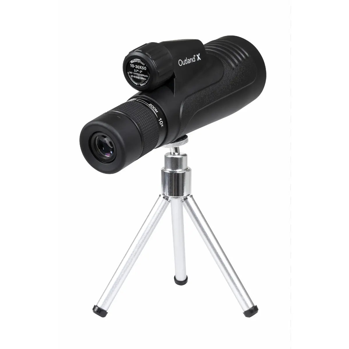 Black binoculars with a tripod on a white background