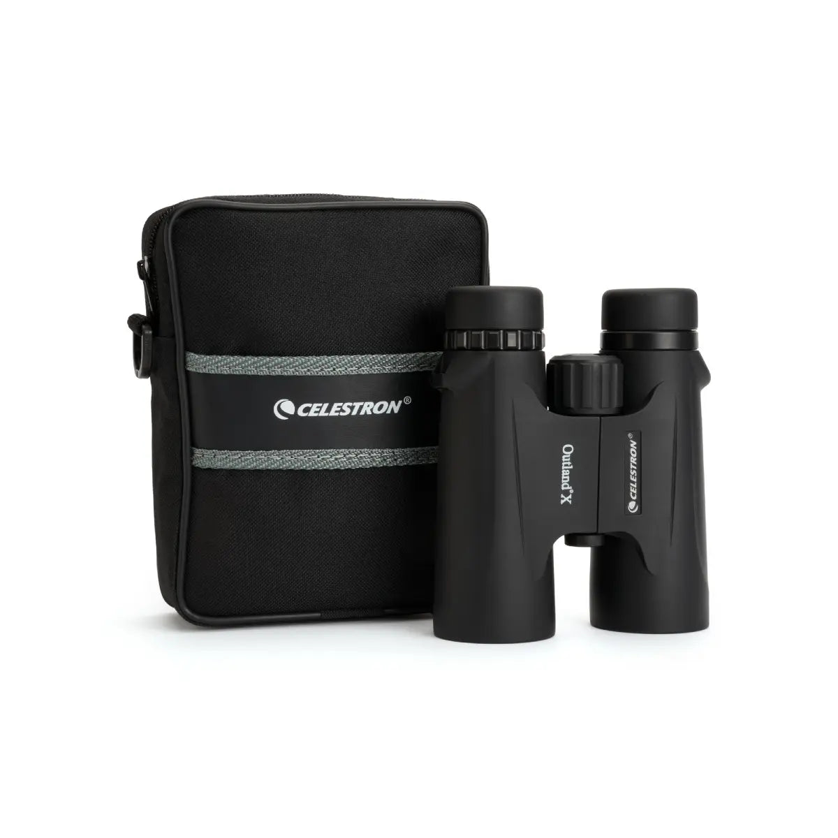 Black binoculars with Celestron logo and carrying case on a white background