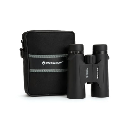 Black binoculars with Celestron logo and carrying case on a white background