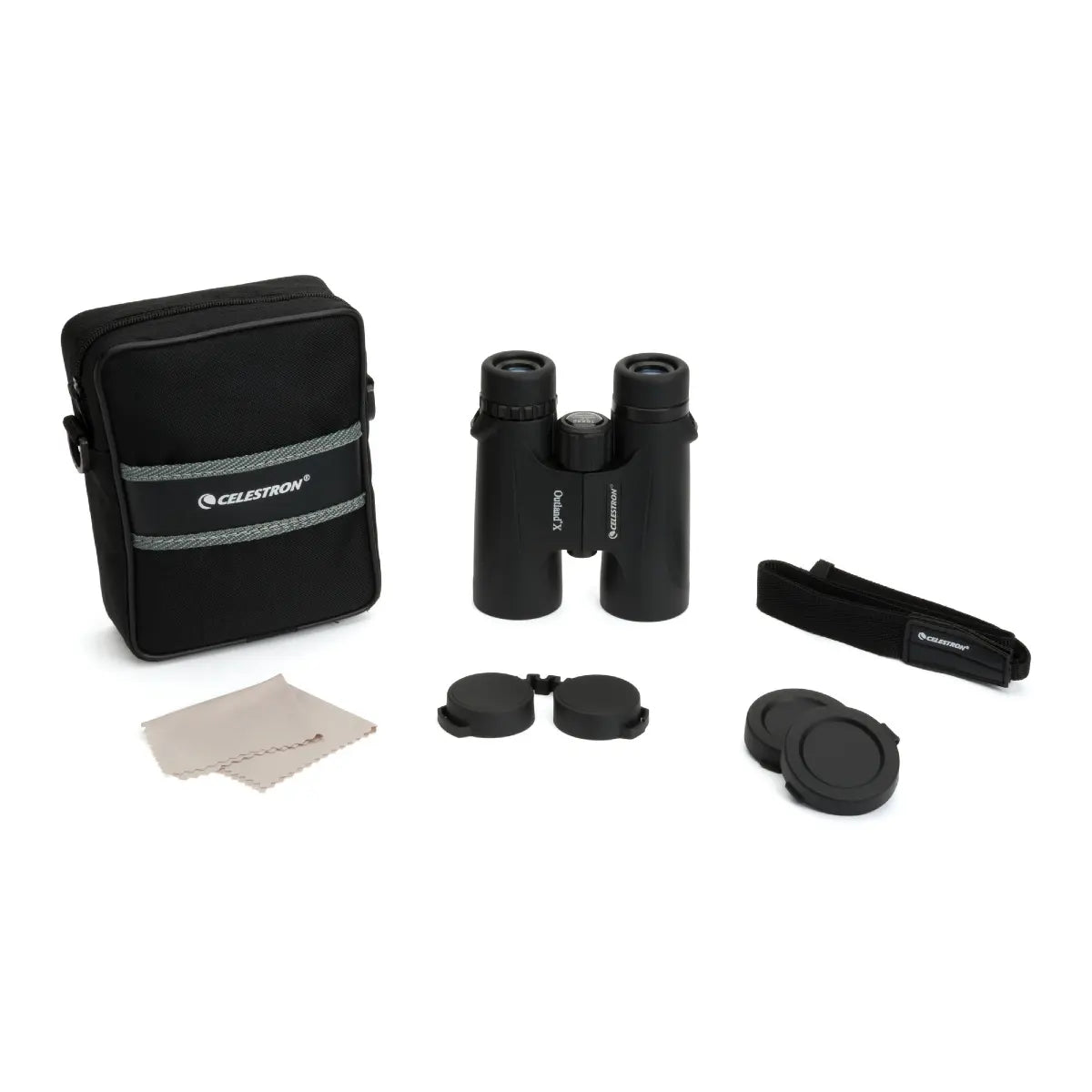 Celestron binoculars with carrying case and cleaning cloth on a white background