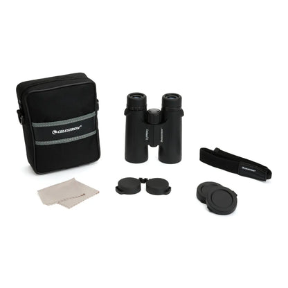 Celestron binoculars with carrying case and cleaning cloth on a white background