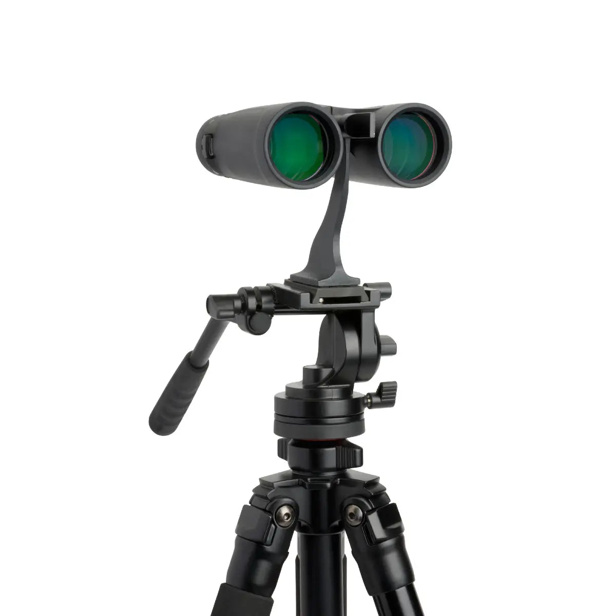 Binoculars on a tripod with a white background