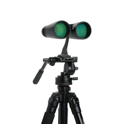 Binoculars on a tripod with a white background