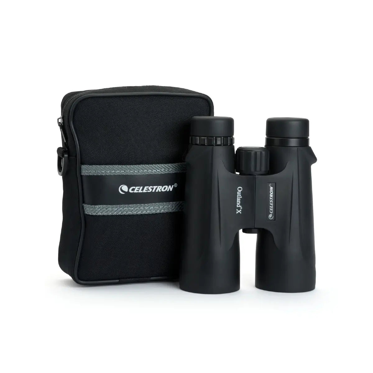 Black binoculars with carrying case on a white background, featuring Celestron branding.