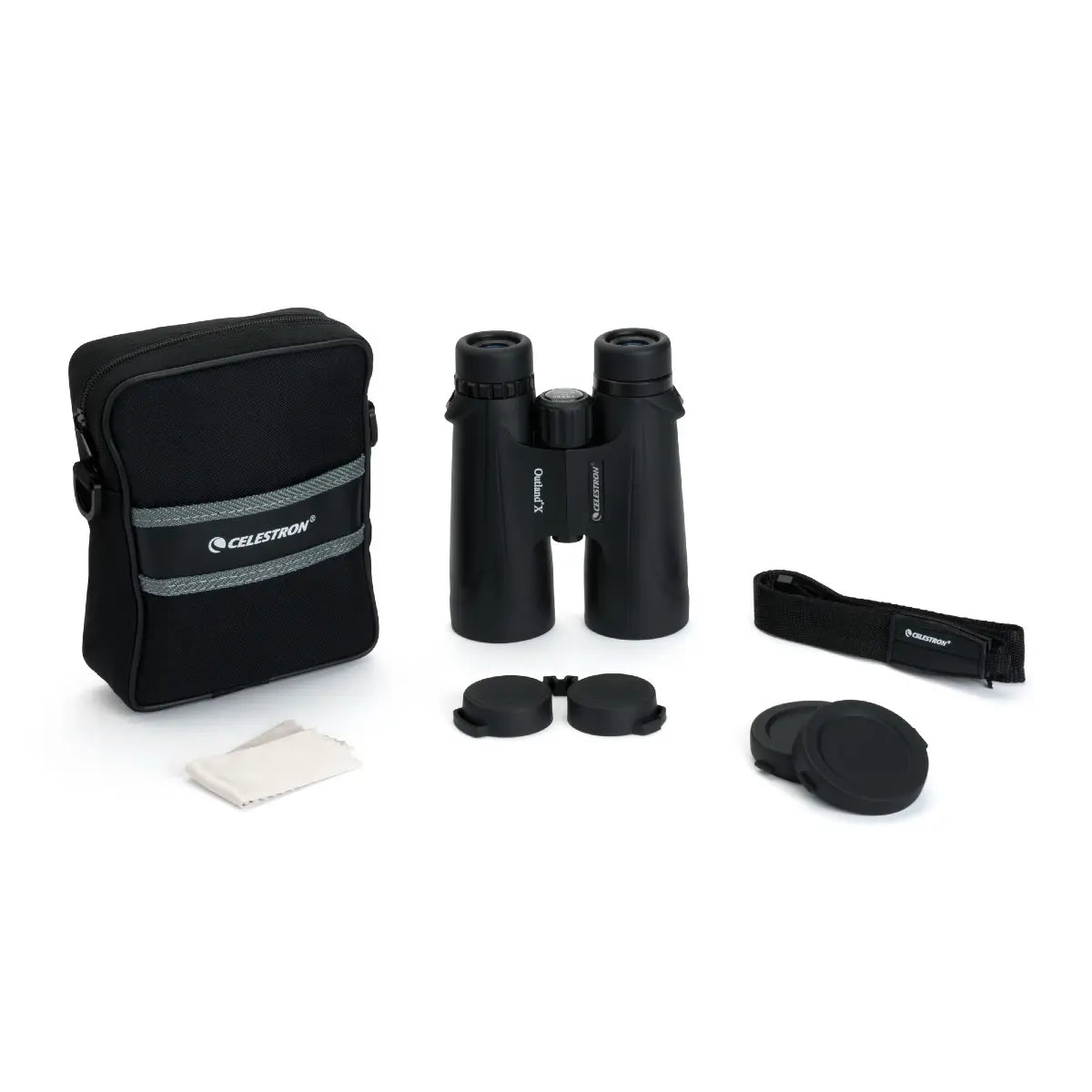 Binoculars with carrying case, lens cleaning cloth, and cleaning lens on a white background