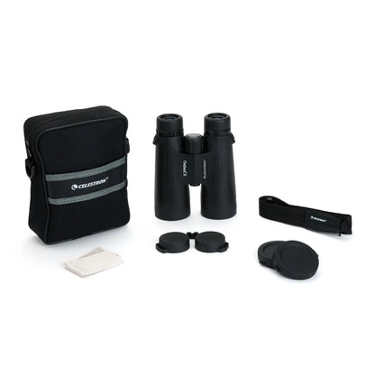 Binoculars with carrying case, lens cleaning cloth, and cleaning lens on a white background