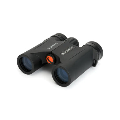 Black binoculars with Celestron logo on a white background