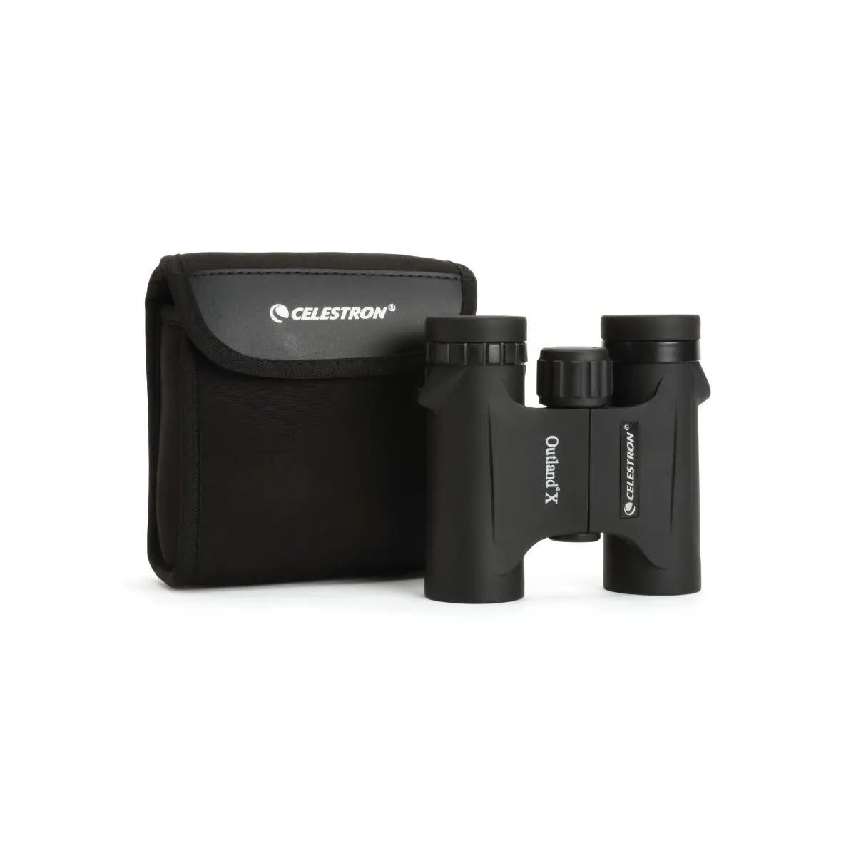 Black Celestron binoculars with carrying case on a white background