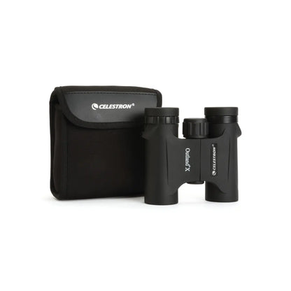 Black Celestron binoculars with carrying case on a white background
