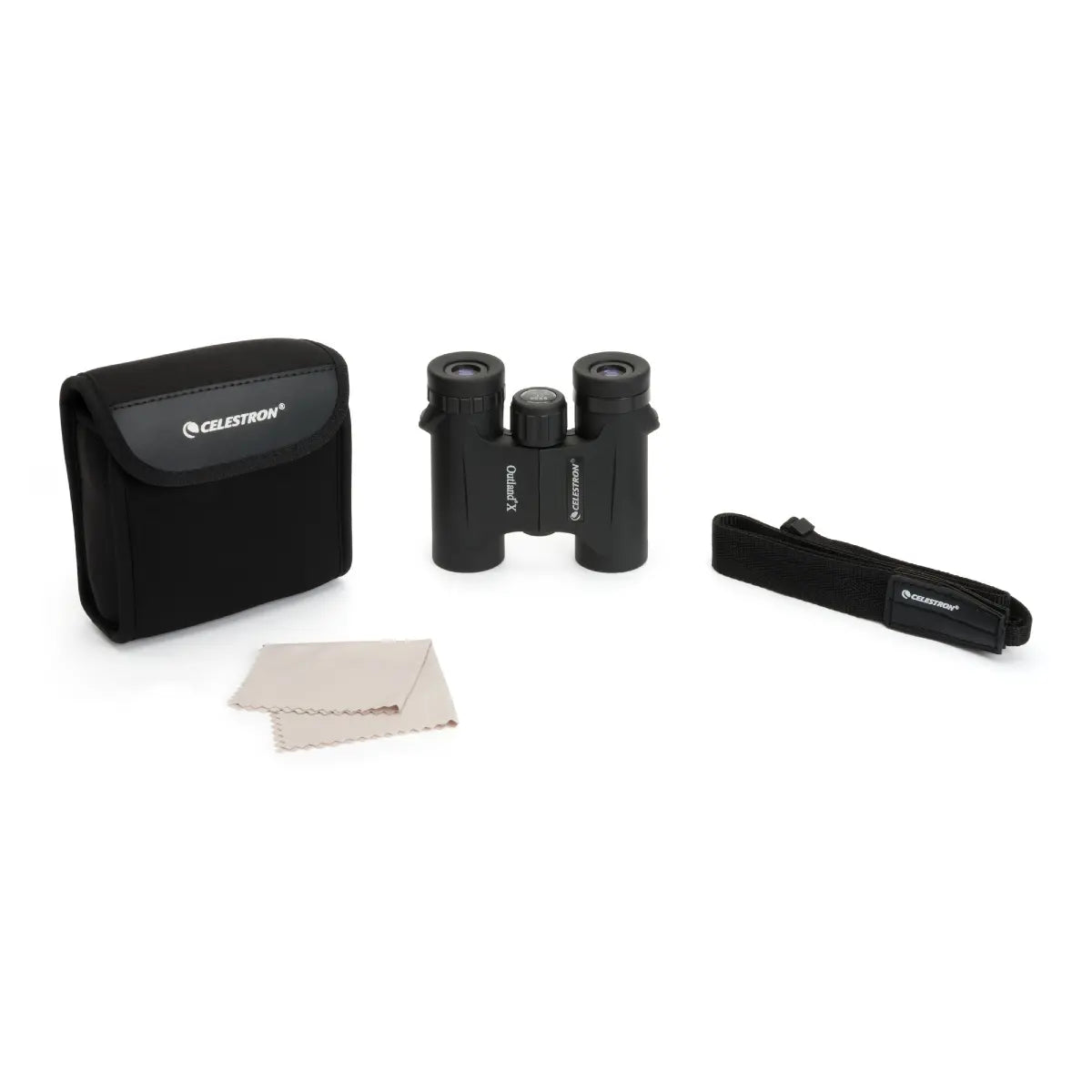 Celestron binoculars with carrying case and cleaning cloth on a white background