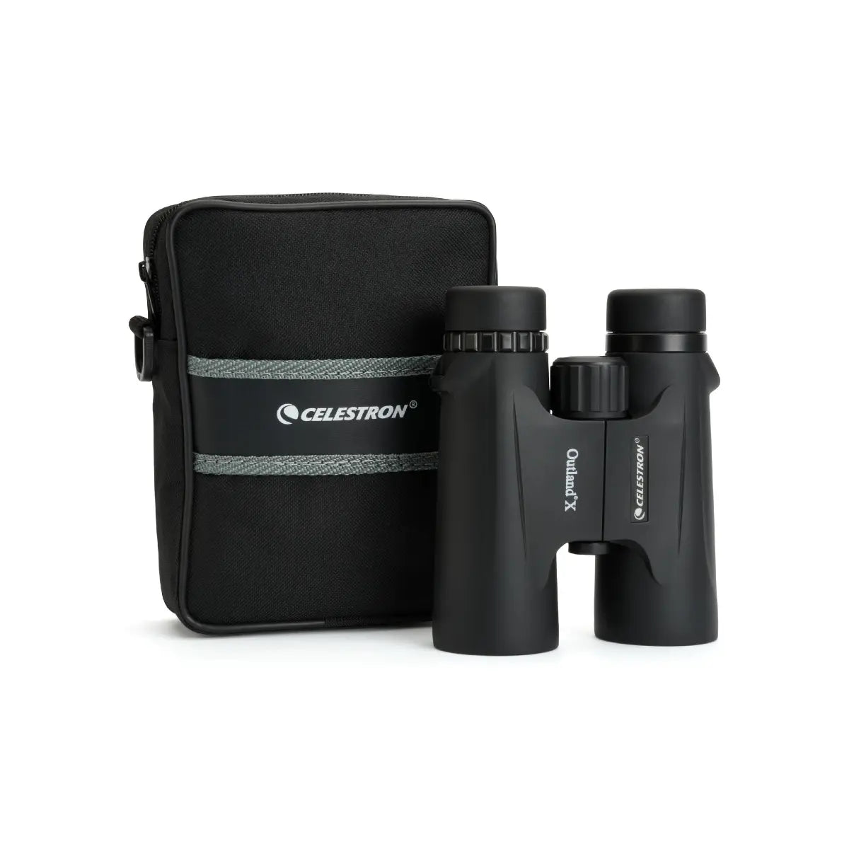 Black Celestron binoculars with carrying case on a white background