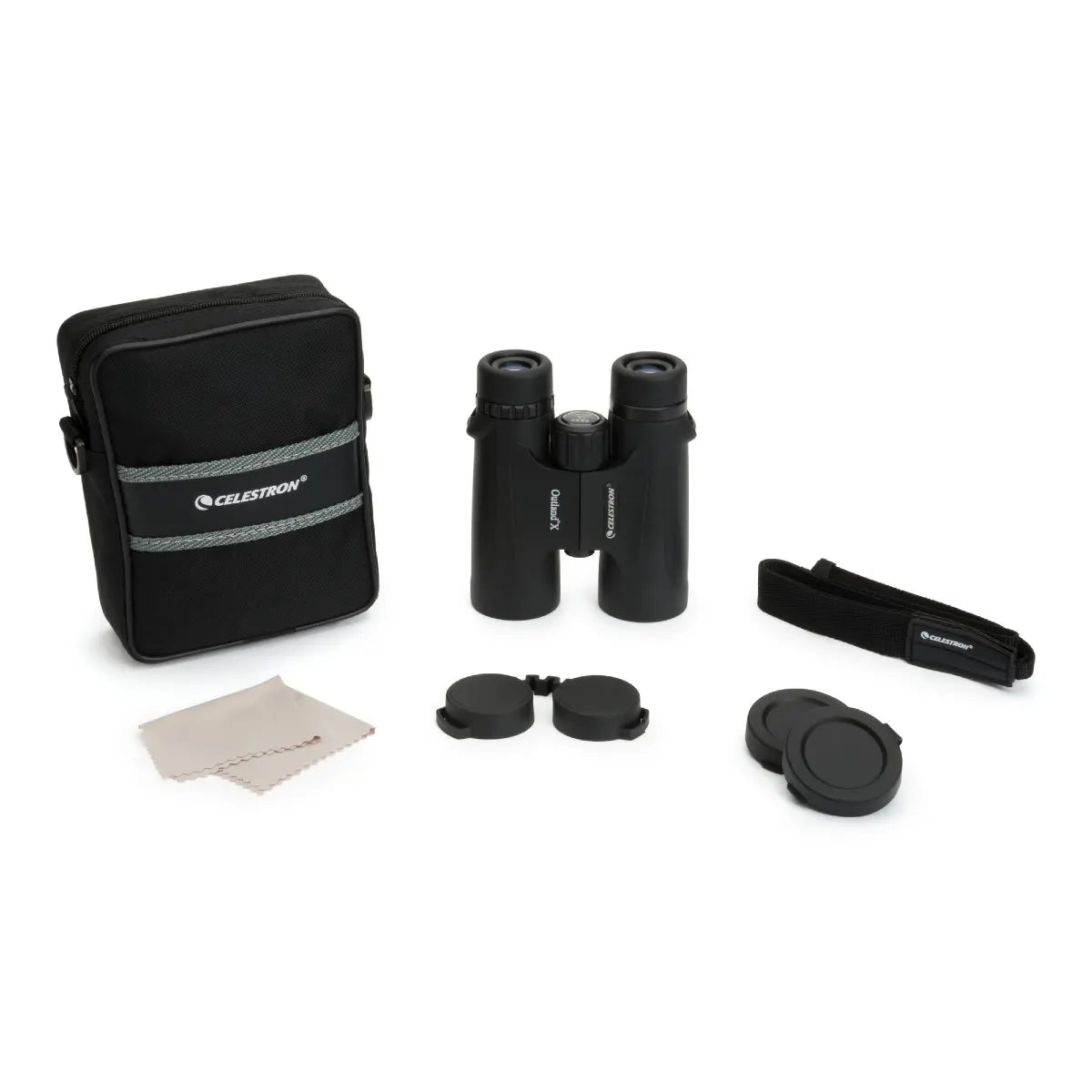 Binoculars with accessories and carrying case on a white background