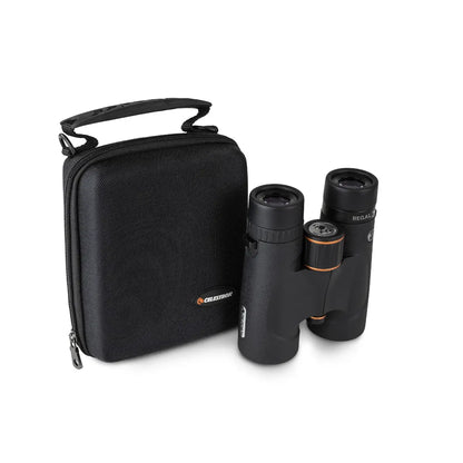 Black binoculars with carrying case on a white background