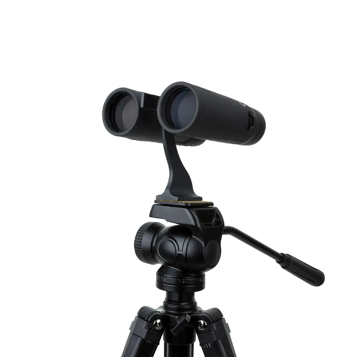 Black binoculars on a tripod with a white background