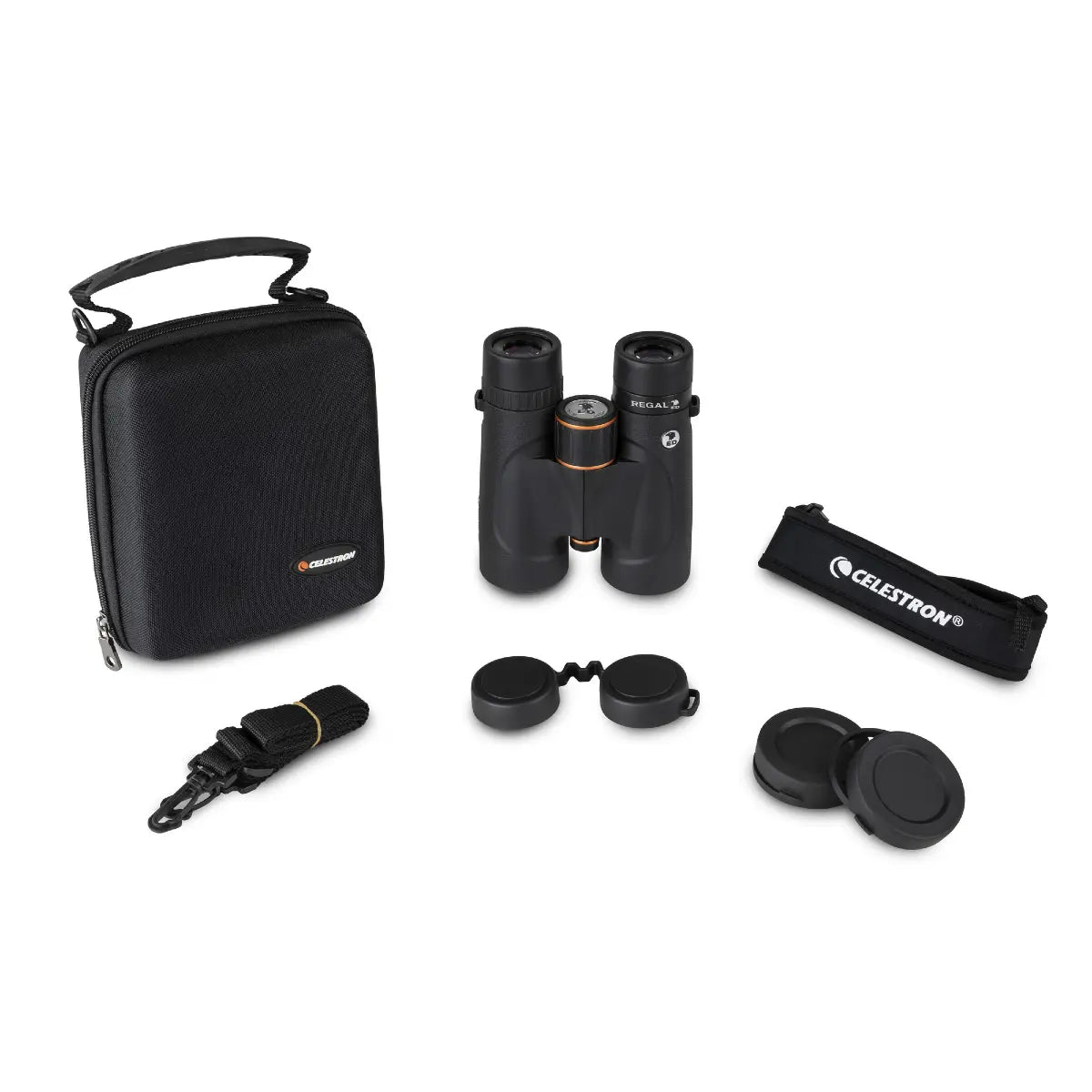 Celestron binoculars with carrying case and accessories on a white background