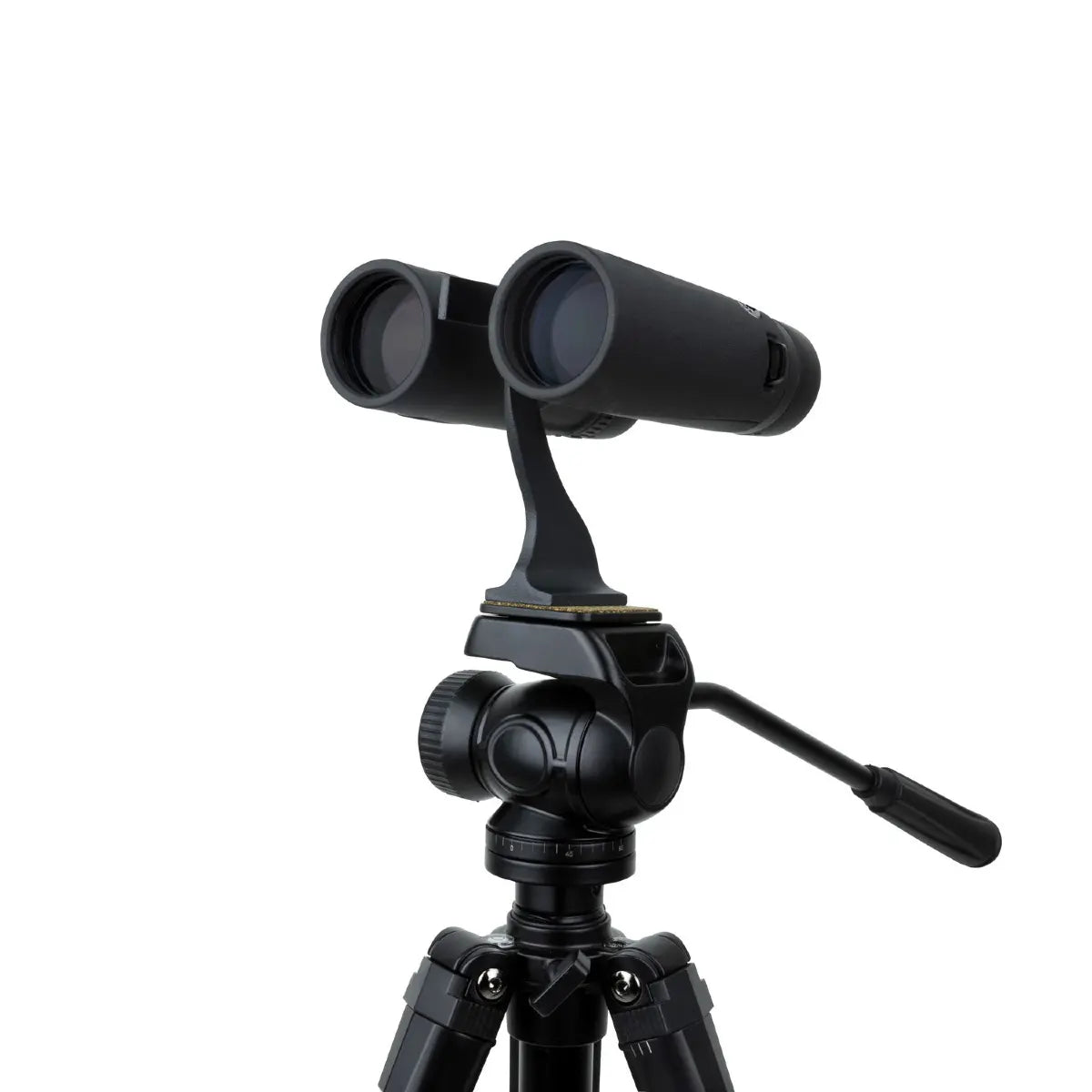 Black binoculars on a tripod with a white background