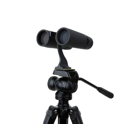 Black binoculars on a tripod with a white background
