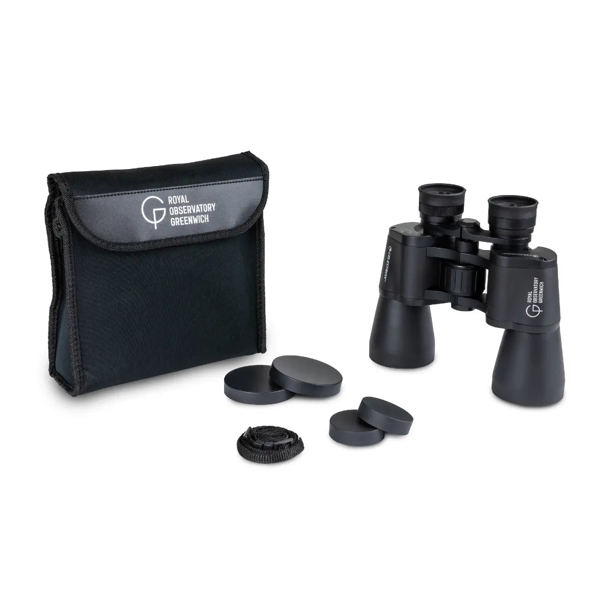 Black binoculars with lens caps and carrying case on a white background, featuring Royal Observatory Greenwich branding.