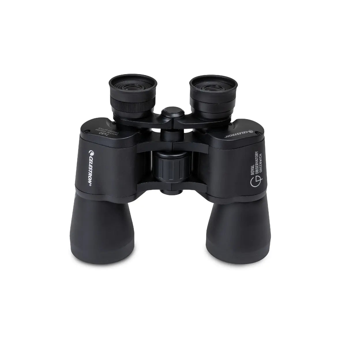 Black binoculars with Celestron branding on a white background