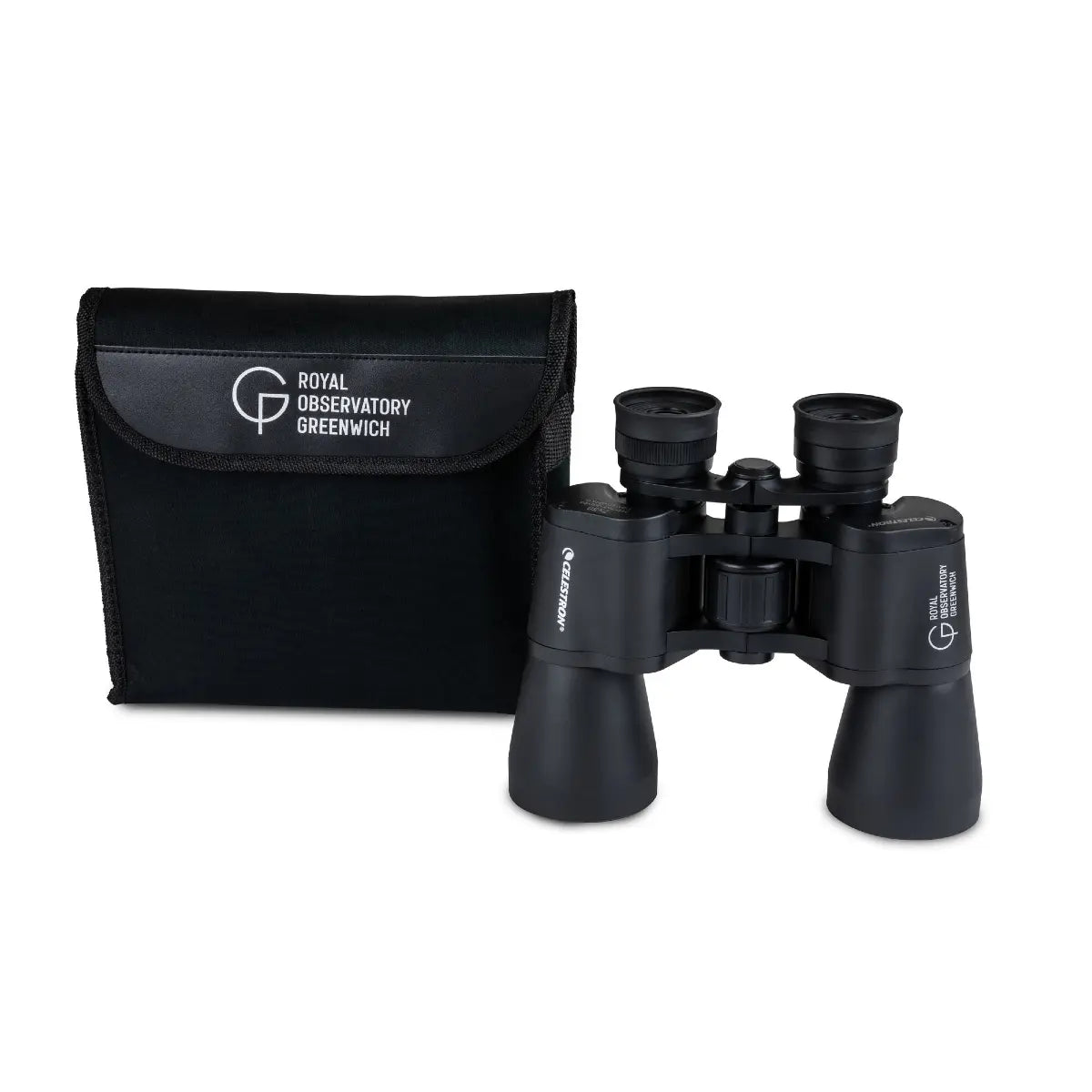 Black binoculars with carrying case featuring 'Royal Observatory Greenwich' branding on a white background.