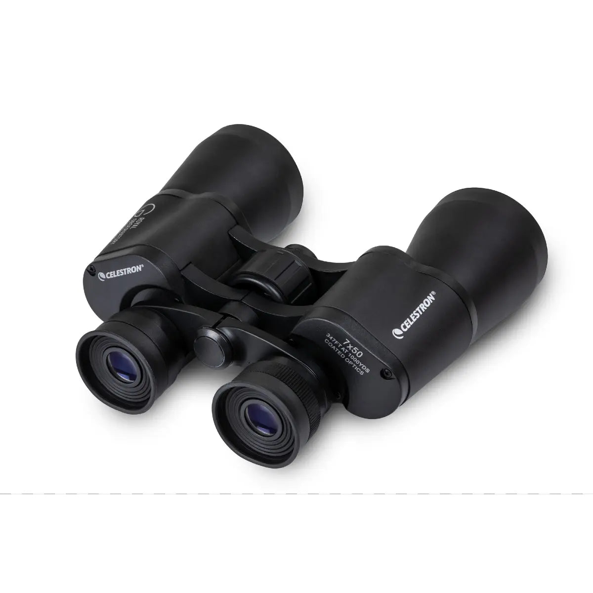 Black binoculars with Celestron branding on a white background