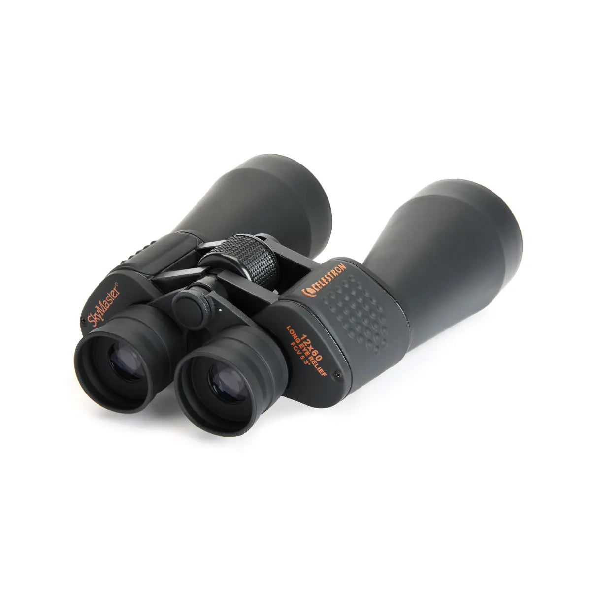 Pair of black binoculars on a white background