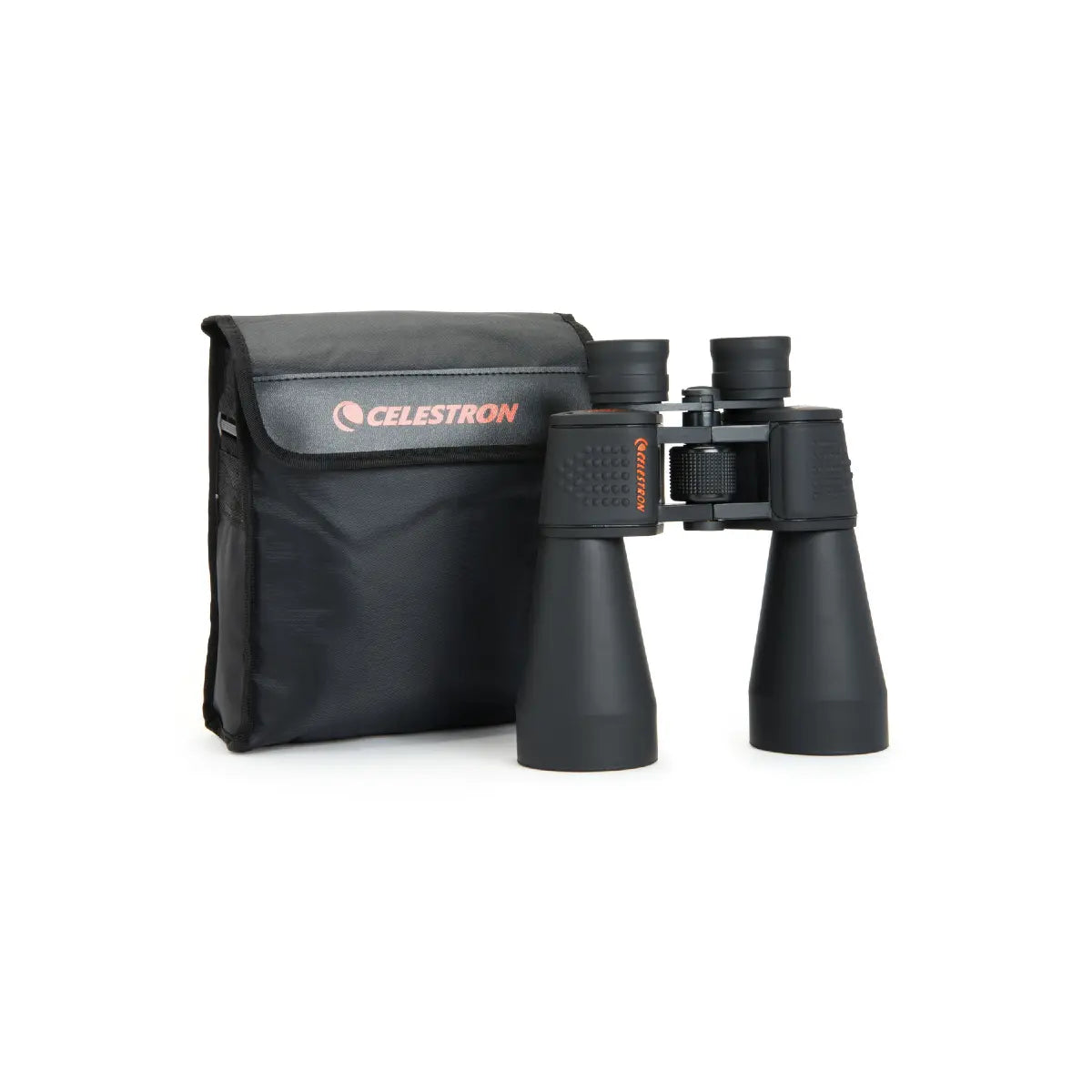 Black binoculars with Celestron case on a white background