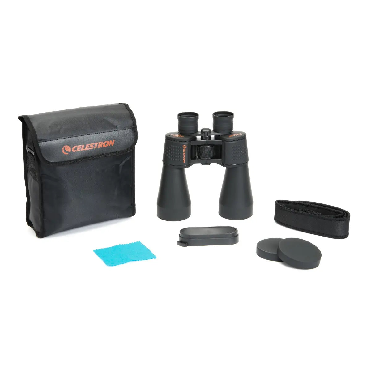 Celestron binoculars with carrying case and cleaning cloth on a white background