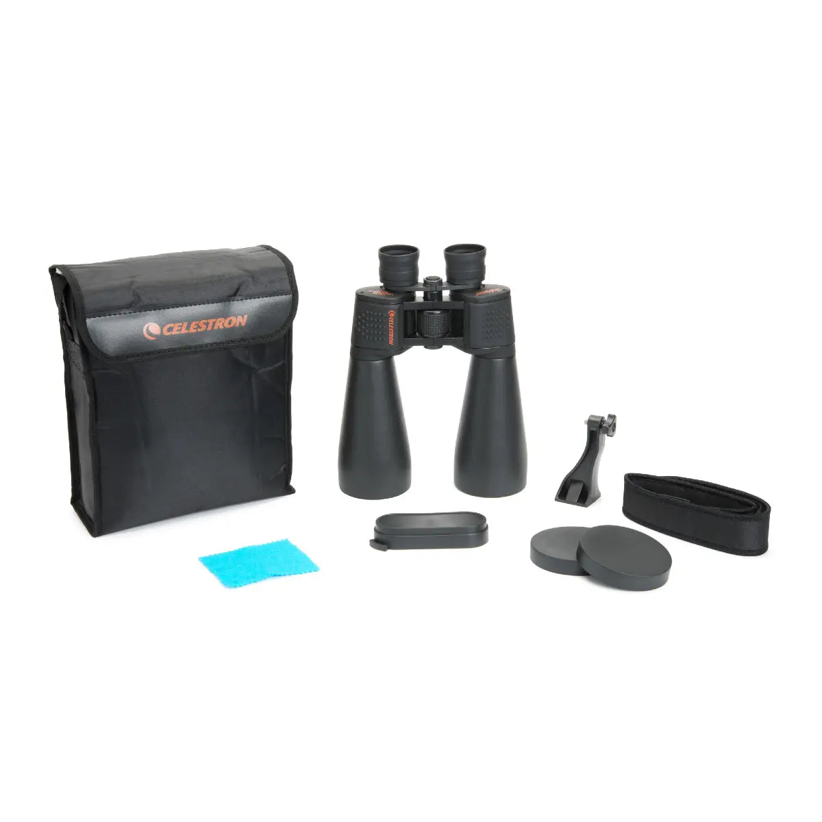 Binoculars with accessories and Celestron case on a white background