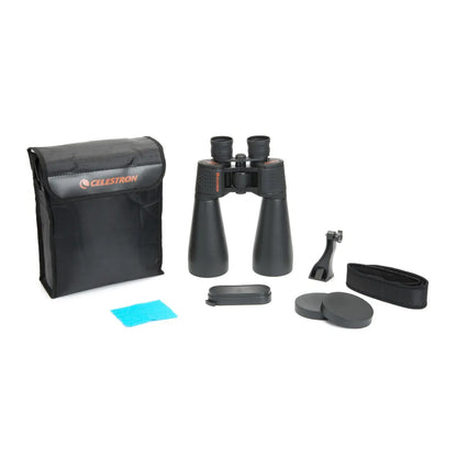 Binoculars with accessories and Celestron case on a white background
